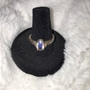Genuine iridescent crystal set in sterling silver whale tail bezel ring